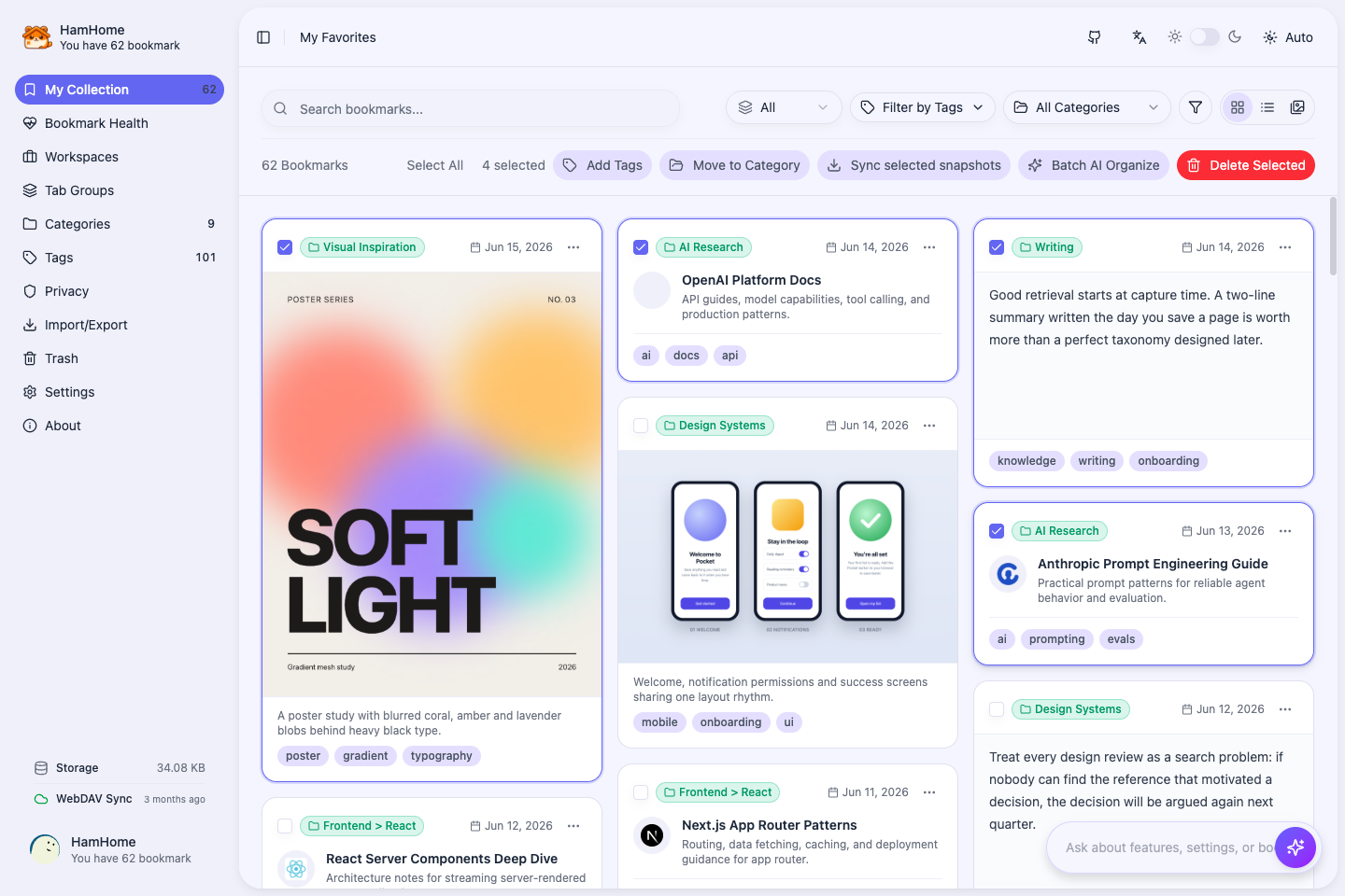 HamHome bulk bookmark actions screenshot