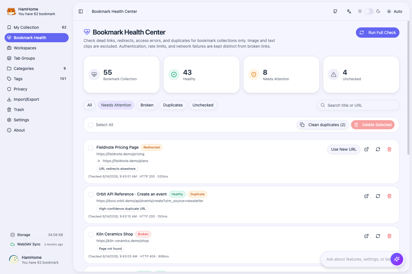 HamHome Bookmark Health Center showing broken, redirected, and duplicate bookmarks