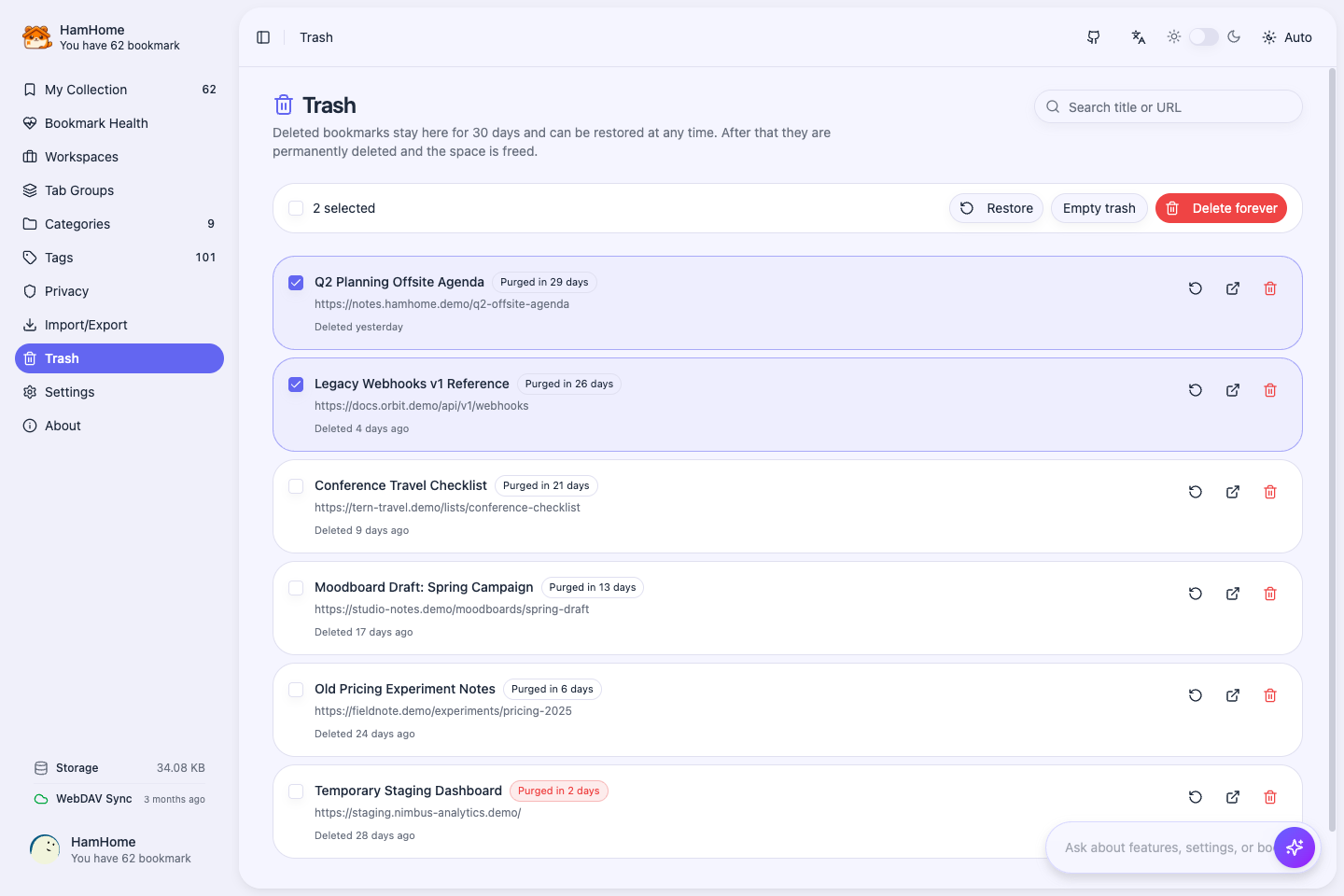 HamHome Trash screenshot with restorable bookmarks and remaining retention days
